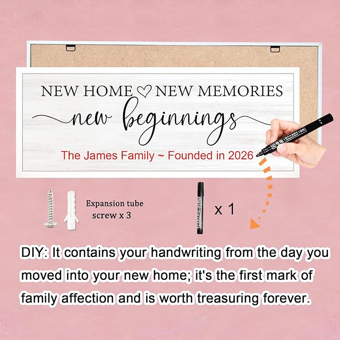 New Home, New Memories, New Beginnings Wall Decor Sign – 32x12 Inch Framed Wooden Sign with Writable Family Name & Year Space, Rustic Farmhouse Housewarming Gift for New Home, Entryway, Living Room, White