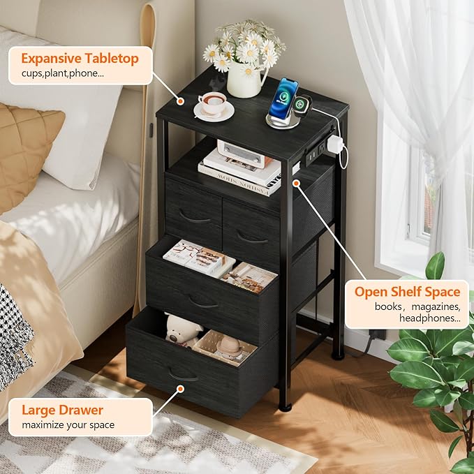 Furnulem Tall Night Stand with Charging Station and Led Light, Small Dresser with Open Shelf and 4 Storage Drawers, Black Side Table Fabric Nightstand for Bedroom, Entryway, Bedside Furniture | and Led Light, Open Shelf, 4 Storage Drawers, for Bedroom,...