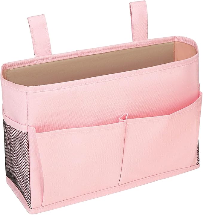 Bedside Caddy, Durable Cotton Linen Bunk Bed Caddy with Pockets and Bottle Holder,Hanging Storage Organizer,Bedside Bag for College Dorm Bed Rails Crib Bed Hospital Home Rooms Accessories (Pink)