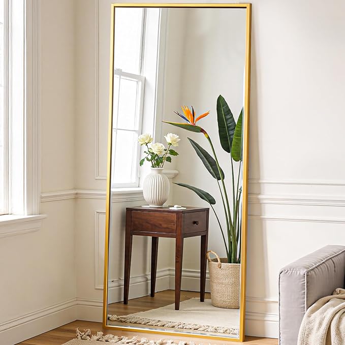 NEWBULIG Full Length Mirror 24"x 65" for Bedroom, Full Body Mirror with Stand, Hanging or Leaning for Wall, Aluminum Alloy Thin Frame Floor Standing for Living Room, Long, Gold