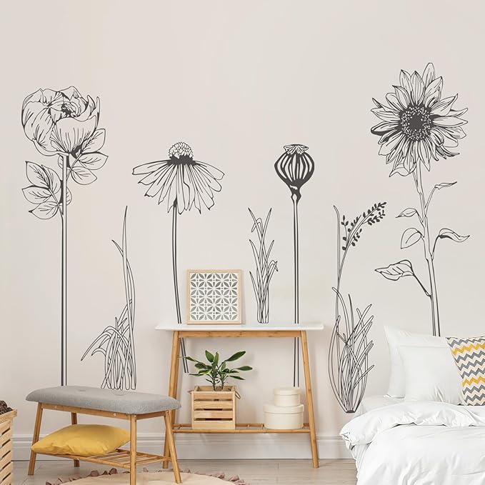 Extra Large Black Flower Wall Decals Simple Sketch Wildflower Floral Wall Stickers for Girls Bedroom Living Room Bathroom Office Adult Home Decor