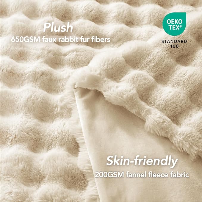 L'AGRATY Faux Rabbit Fur Blanket: 90" x 90" Queen Luxury Soft Fluffy Thick Fur Throw Blanket for Couch Bed Sofa - Cozy Plush Bubble Blankets for Winter: Flannel Fleece Decorative Blanket(Almond White)