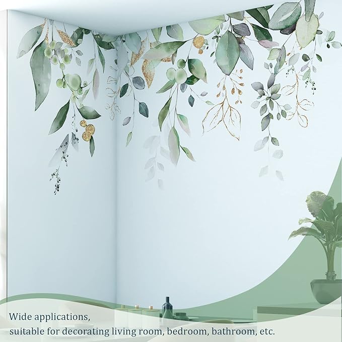 Green Plants Leaves Wall Decals Peel and Stick, Large Hanging Herbal Vinyl Wall Stickers, Removable Vine Home Decor Art for Bedroom Living Room Classroom Office