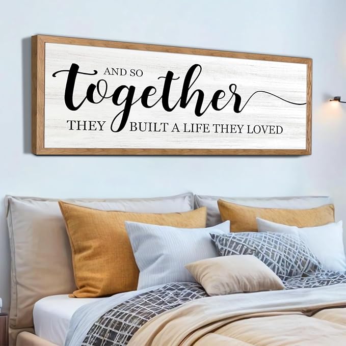 And So Together They Built A Life They Loved Decorative Rustic Sign & Plaque Framed Wall Art for Couples, 40''×15'' Vintage Wooden Horizontal Wall Decor Above Bed, Farmhouse Wedding Gift