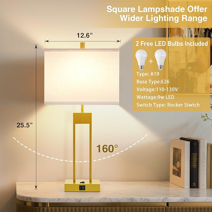 GyroVu Extra Large 25.5" Nightstand Table Lamps for Bedrooms Set of 2, Bedside Lamp with USB C+A, Colors Changeable Living Room Lamp, Modern Night Stand Lamps for Bedside Reading, Gold+White Shade