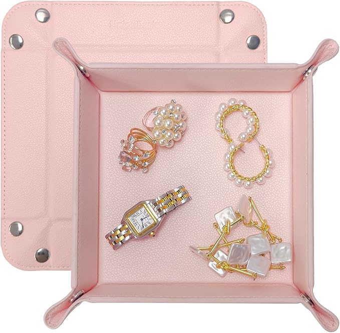 UnionBasic Valet Tray, Jewelry Tray for Rings Earrings, Entryway Catchall Caddy for Coins Keys Change, Nightstand Organizer Bedside Valet Holder, Trays for Electronic Gadgets, Lychee Pearl Blush
