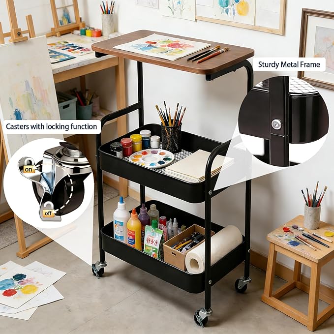 3-Tier Metal Rolling Cart with Walnut-Textured Table Top,Utility Cart with Wheels for Bedside, Living Room, Kitchen,Office & Bathroom Storage