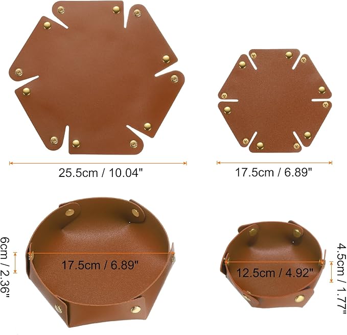 HARFINGTON 2pcs PU Leather Valet Tray Unisex Valet Tray Folding Round Catchall Tray Portable Entryway Table Tray Nightstand Bedside Desk Tray for Key Watch Coin Jewelry Dice, Light Brown