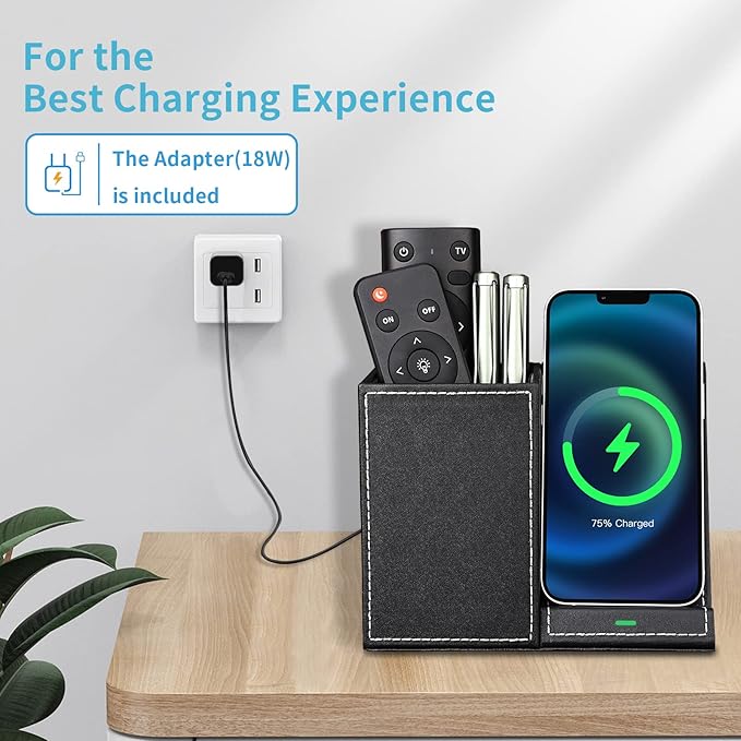 KINGFOM PU Leather Desk Organizer with Wireless Charging Station for iPhone, 10W Wireless Charger for iPhone 14/14 Pro/13/12/Samsung Galaxy S23/S22/S21/Note 20/Note 10(Black-S)