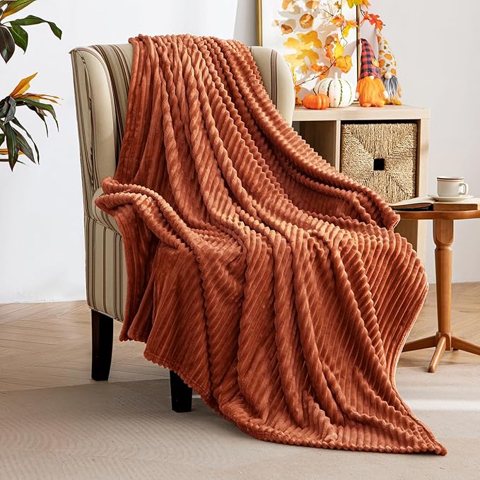 MIULEE Rust Throw Blanket 3D Ribbed Jacquard Fleece Flannel Velvet Plush Decorative Bed Blanket (Throw, 50" x 70") - Super Soft, Lightweight, Warm and Cozy for Couch Sofa