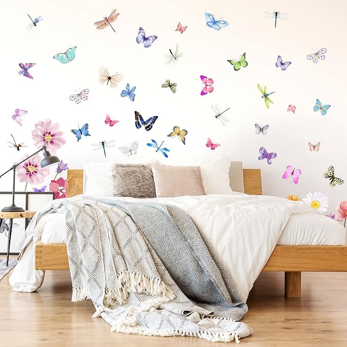 80 Pieces Flowers Butterflies Wall Decals Chrysanthemums Dragonflies Wall Sticker Flowers Peel and Stick Art Removable PVC Garden Decal for Kids Room Nursery Classroom Bedroom Decor, Colorful
