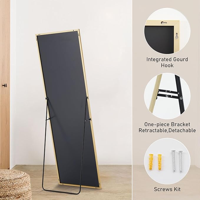 OLIXIS Full Length Mirror for Bedroom, 56"x15" Full Body Mirror with Stand, Hanging or Leaning for Wall, Aluminum Alloy Thin Frame Floor Standing for Living Room, Long, Gold