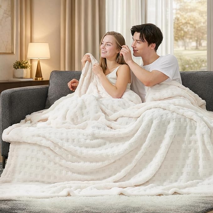 Cozy Bliss Ultrasoft Waffle Throw Blanket, Fluffy Cute Plush Blanket for Couch, Bed, Modern Home Accent, Portable for Picnic or Outdoor, Ivory, 50"x60"