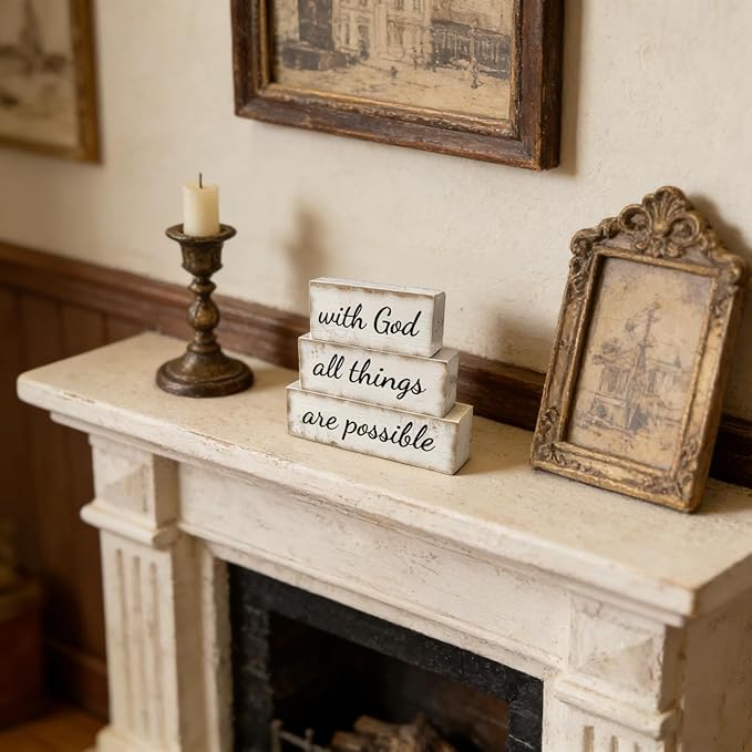 3 Pcs Farmhouse Christian Table Decoration Religious Tiered Tray Decor Rustic Bible Verse Tabletop Centerpiece with God All Things Are Possible Wooden Block Sign for Home Desk Shelf Mantle