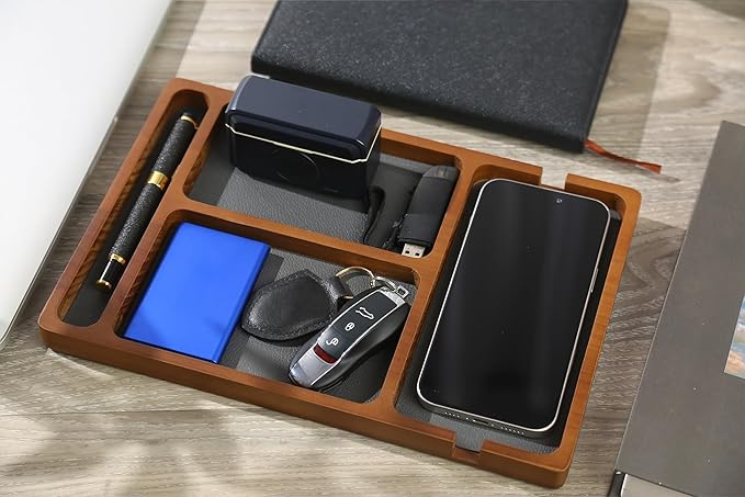 Shinpuru Wooden Valet Tray with Leather Inlay - Nightstand & Desk Organizer - EDC Essentials Catchall Tray for Keys, Phone, Wallet, Watch, Earbuds - Stylish Storage (Wood-Pen)
