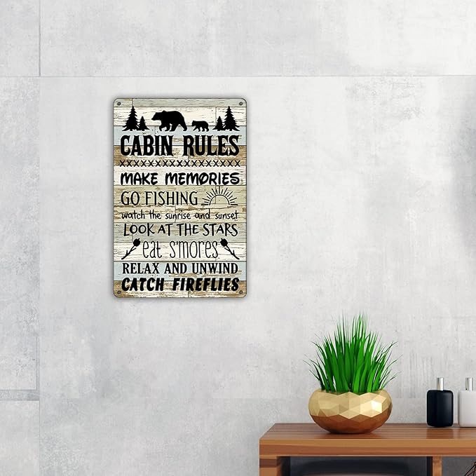 QIONGQI Funny Cabin Rules Metal Tin Sign Wall Art Decor, Farmhouse Wooden Style Cabin Sign for Home Decor Gifts