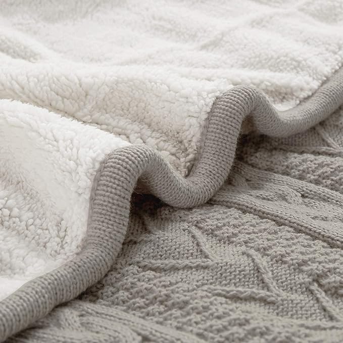 Longhui bedding Acrylic Cable Knit Sherpa Throw Blanket - Thick, Soft, Big, Cozy Light Grey Knitted Fleece Blankets for Couch, Sofa, Bed - Large 60 x 80 Inches Gray Coverlet All Season