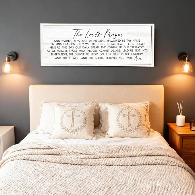 Our Father Prayer Bible Verse Framed Wall Art, 40''×15'' White Horizontal Religious Christian Lords Prayer Sign for God Jesus Christ Prayer, Rustic Holy Inspirational Catholic Scripture Decor