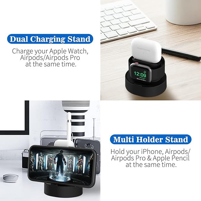 SOKUSIN Stand for Apple Watch Charger - iWatch AirPod 2 in 1 Charging Stand Holder Dock Compatible with Apple Watch Series 10 9 8 Ultra2 Ultra SE2 SE 7 6 5 4 3 2 and AirPods 1/2/3/Pro (Black)