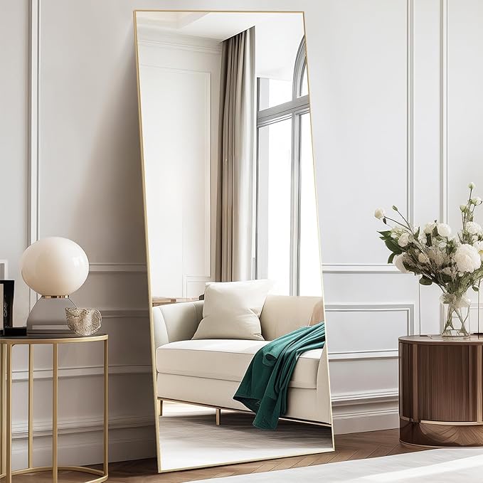NEWBULIG Full Length Mirror 64.2"x21" for Bedroom, Full Body Mirror with Stand, Hanging or Leaning for Wall, Aluminum Alloy Thin Frame Floor Standing for Living Room, Long, Gold