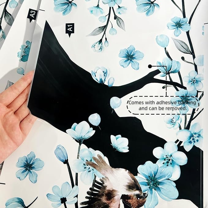 Large Cherry Blossom Tree Wall Stickers,4 Sheets Spring Blue Flower Bird Wall Decals Peel and Stick Waterproof Wall Murals Decor for Living Room Bedroom (Blue, 11.8 * 35.4inch)