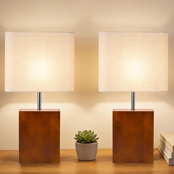 lapupu 23" Wood Table Lamp Set of 2 for Living Room, Modern Bedside Lamps for Bedroom, Large Farmhouse Nightstand Lamp, Desk Lamps for End Table Home Decor, Walnut Wood