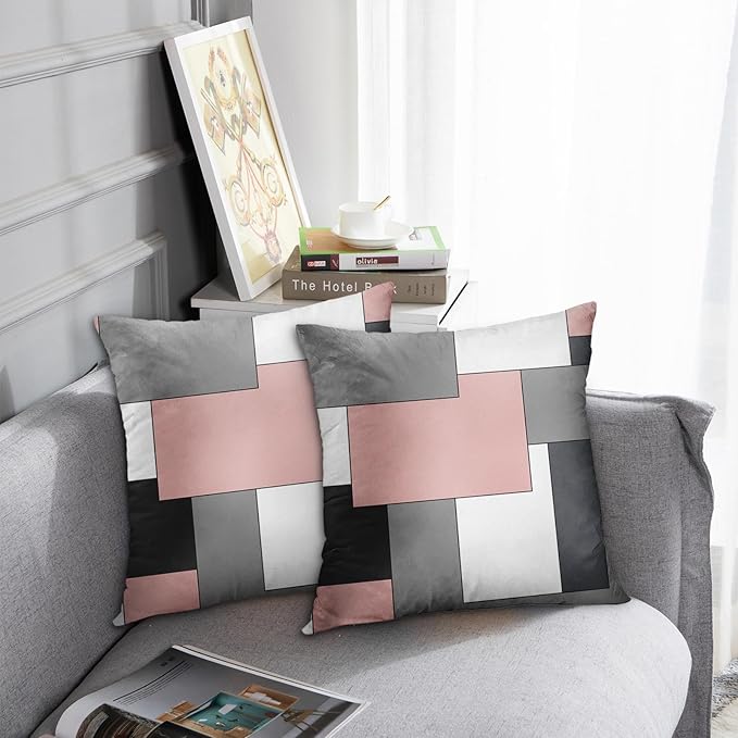 Emvency Set of 2 Pink Geometric Throw Pillow Cover Black Grey White Painting Abstract Checkered Design Decorative Pillow Case Modern Home Decor Standard Square 18x18 Inch Cushion Pillowcase