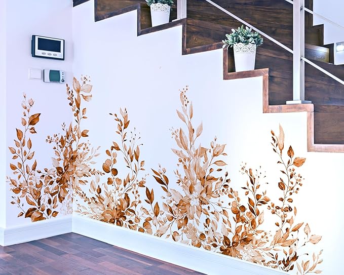 Orange Plants Leaves Wall Decals Peel and Stick, Large Floral Flowers Vinyl Wall Stickers, Removable Vine Home Decor Art for Bedroom Living Room Classroom Office