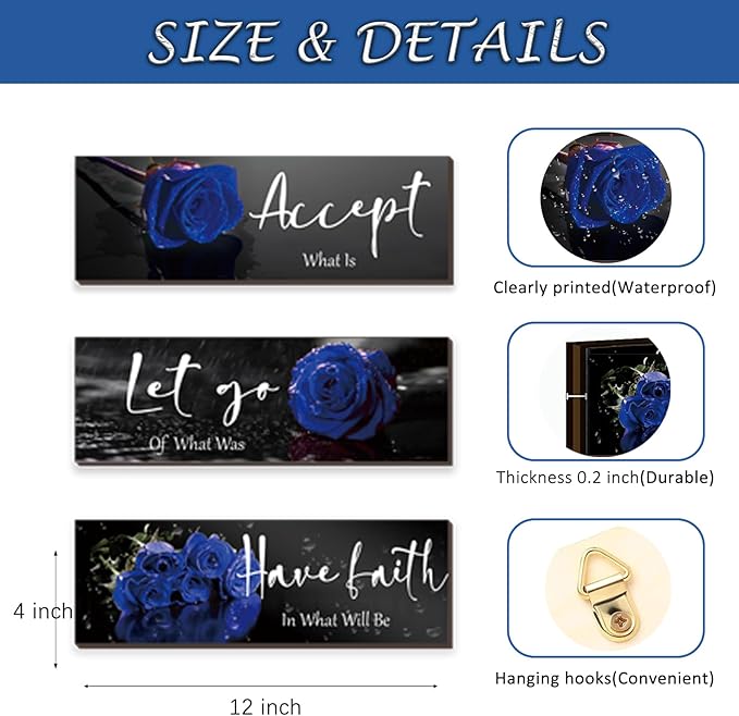 ZINYAZHE 3 Pcs Blue Bathroom Wall Decors Inspirational Blue Decor Wooden Roses Flower Wall Art Office Wall Decor with Accept Let Go Have Faith Quotes for Girl Women Bathroom Bedroom(12 x 4 Inch)