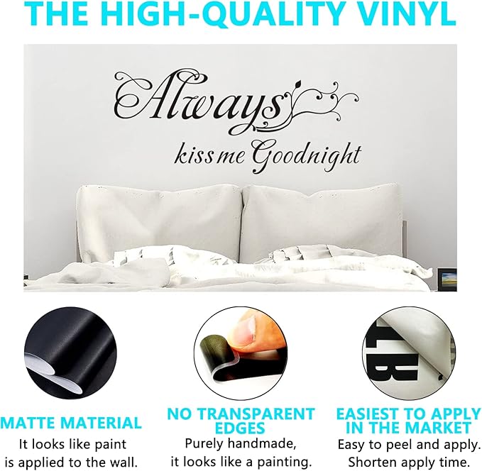 Love Quotes Wall Stickers for Bedroom: Peel and Stick Home Inspirational Bathroom Living Room Kitchen Art Vinyl Wall Decals - Always Kiss Me Goodnight 63" X18.3