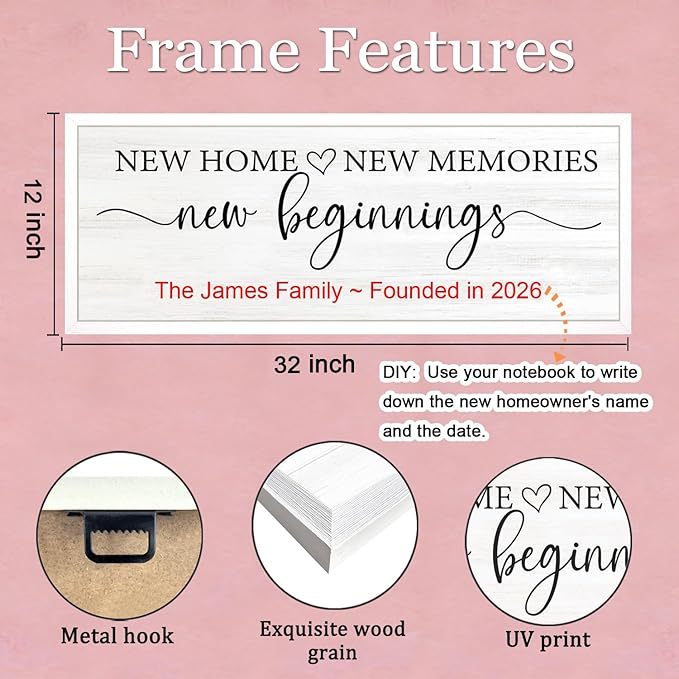 New Home, New Memories, New Beginnings Wall Decor Sign – 32x12 Inch Framed Wooden Sign with Writable Family Name & Year Space, Rustic Farmhouse Housewarming Gift for New Home, Entryway, Living Room, White