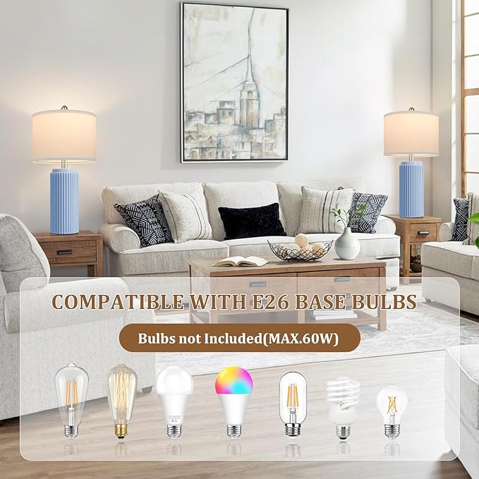 TOBUSA 23.5’’ Sky Blue Farmhouse Table Lamps for Living Room Set of 2, Modern Elegant Ceramic Bedside Nightstand Lamps with White Linen Shade for Bedroom, Coastal Lamps Set for Study Home Office