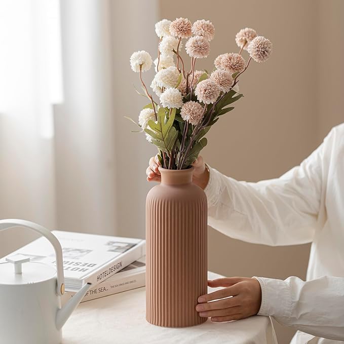 Coffee Ribbed Ceramic Vase for Flowers, Large Modern Textured Decorative Vase, 10 Inch Tall, Farmhouse Style Home Decor (Coffee)
