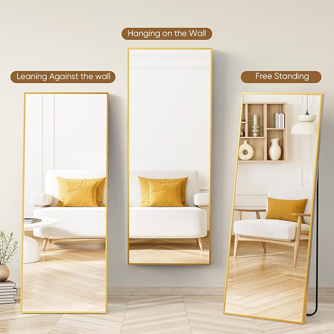 NEWBULIG Full Length Mirror 71.1"x25" for Bedroom, Full Body Mirror with Stand, Hanging or Leaning for Wall, Aluminum Alloy Thin Frame Floor Standing for Living Room, Long, Classical Gold