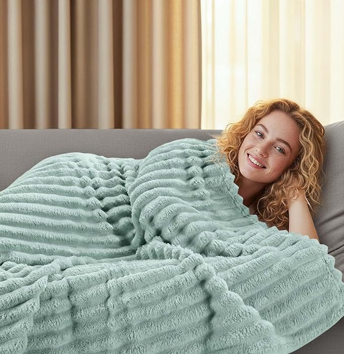 Utopia Bedding Sage Green Striped Fleece Blanket Queen Size – Fluffy, Warm & Lightweight Ribbed Throw for Bed, Sofa & Chair - Soft Cozy Blanket for Home Décor & Gifting (90x90 Inches)
