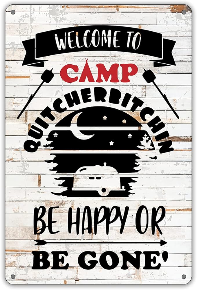 QIONGQI Funny Welcome to Camp Metal Tin Sign Wall Decor Farmhouse Rustic Camping Signs with Sayings for Home Camper Room Decor Gifts (Wooden Style)