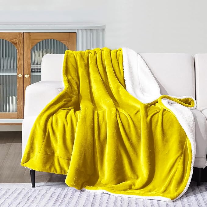 MOONLIGHT20015 Gold Sherpa Fleece Twin Blanket - (Ochre, 60X80 Inches) Warm and Fluffy Blankets for Winter - Reversible Thick and Cozy Twin Size Blankets for Bed, Camping and Travel