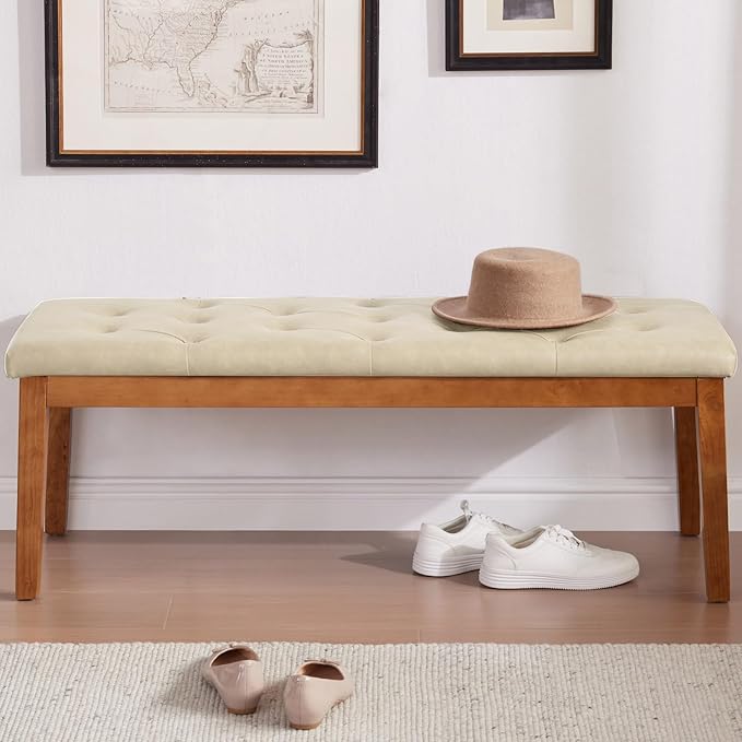 Ottoman Bench Upholstered Padded Seat with Solid Wood Legs and Button-Tufted, Big Oversized Ottoman, Faux Leather Sand Grey