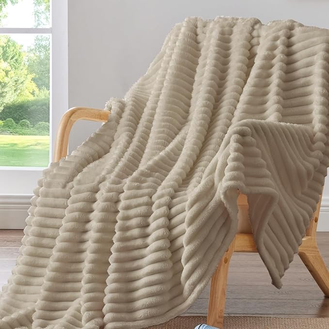 BEDELITE Fleece Throw Blanket for Couch - 300GSM Soft & Warm Fluffy Linen Blanket, Decorative and Giftable Striped Blankets for Women, Men, 50"x70"