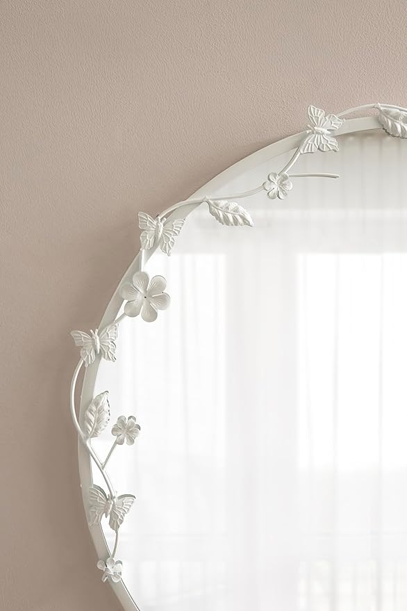 Kate and Laurel Rosella Modern Ornate Round Wall Mirror, 26 Inch Diameter, White, Circle Mirror with Floral Detailing for Use as Bathroom Mirror for Over Sink or Cute Kids Room Decor