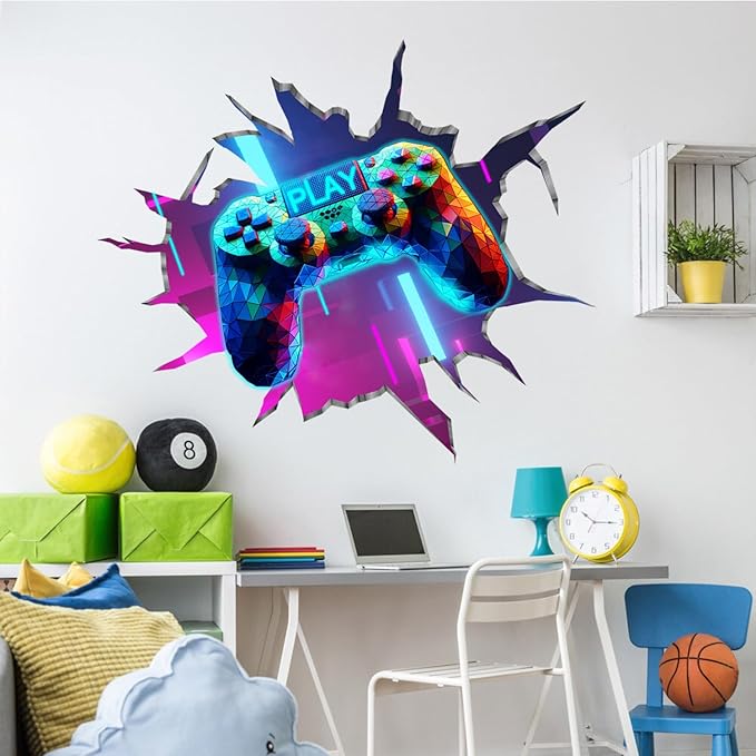 Large 3D Game Wall Decals (35.8”x32.4”), Gaming Break Through The Wall Vinyl Wall Stickers for Game Lover, Removable Video Games Artwork for Boys Playroom Bedroom Decor