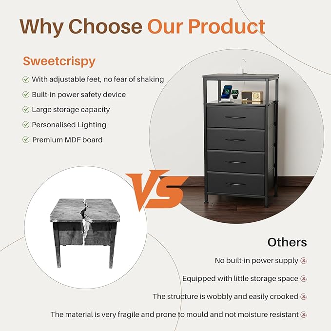 Sweetcrispy Nightstand with Charging Station, Bedside End Table with 4 Fabric Drawers & USB/Type-C Ports and Outlets, Night Stand for Bedroom Furniture, Adjustable Feet and Variable Light Strip, Black