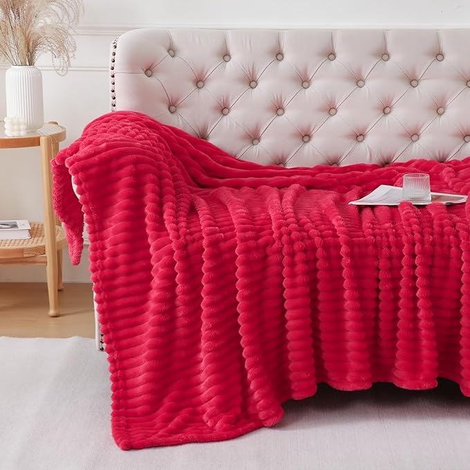 Cherry Red Throw Blanket for Couch Sofa 50x60 inches Striped Fleece Blankets Room Home Decor Lightweight Plush Soft Cozy Gifts for Women Mom Girls