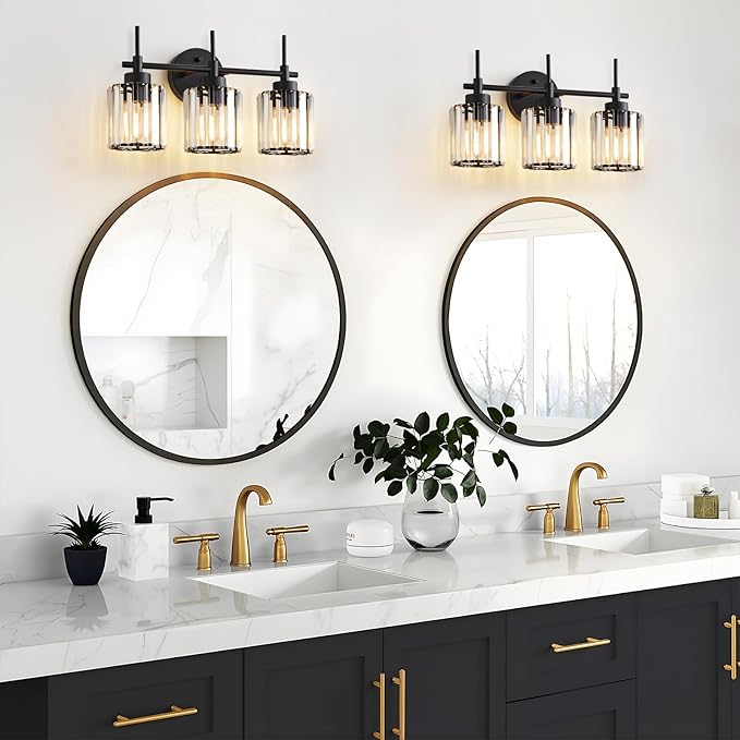 3 Light Black Crystal Vanity Light, Modern Bathroom Vanity Light Over Mirror, Up and Down Mount Wall Sconce Lighting for Bathroom Bedroom Living Room Hallway