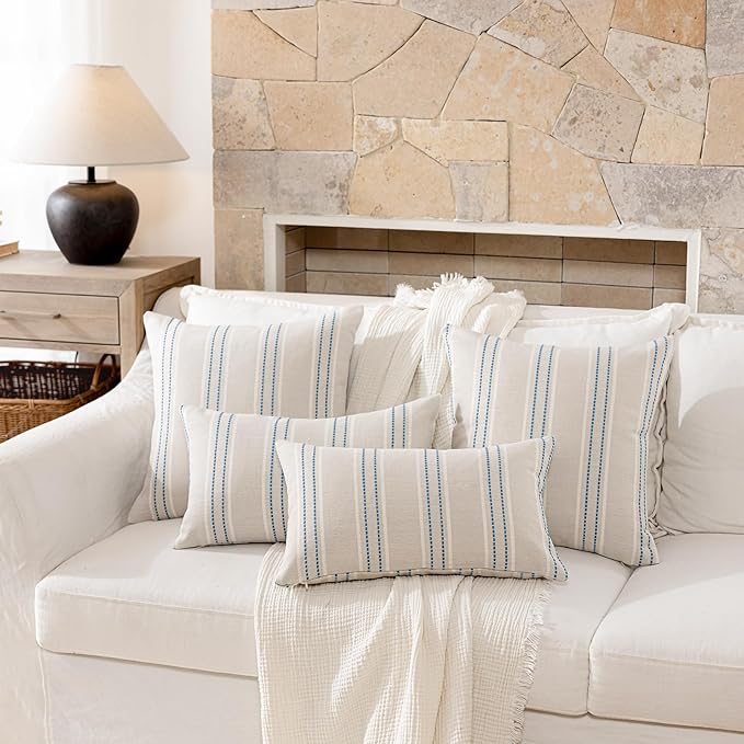 Hckot Throw Pillow Covers 22x22 Set of 2 Blue Pillow Covers Farmhouse Decorative Pillows Textured Linen Square Cushion Covers for Sofa Couch Bed Living Room Decor(Lake Blue)