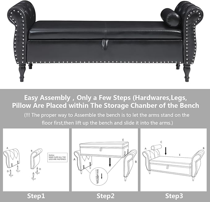 Aoowow Storage Bench for Bedroom End of Bed Rolled Armed PU Leather Ottoman Long Bench Seat Window Sitting Fireplace Toy Storage Bench, Black