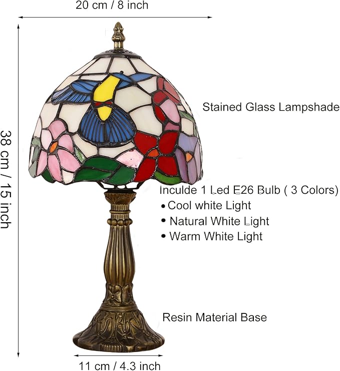 Tiffany Style Table Lamp, Hummingbird Style Stained Glass Lamp, 8 Inch Small Antique Lamp, for Bedside Nightstand Bedroom Living Room Home Office, Include LED Bulb