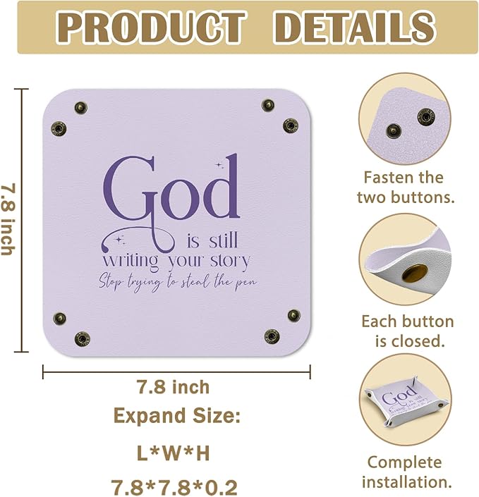 Christian Gifts Jewelry Valet Tray for Women, Purple Religious Bible Verse PU Leather Catchall Beside Caddy Nightstand Organizer Tray for Jewelry Rings Watches and Accessories, 7.87x7.87in