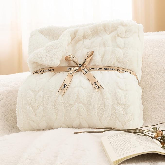 PHF Fluffy Sherpa Blanket King Size for Winter, Warm and Soft, 510GSM 3D Jacquard Thick Shaggy Fleece Plush Blanket for Sofa Bed, Cream, 108"x90"