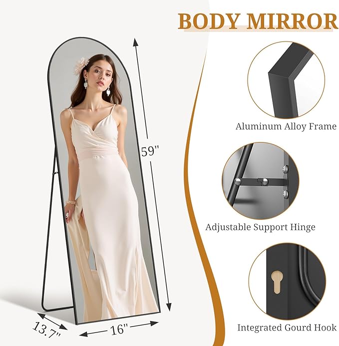 Full Length Mirror 59"x16" Full Body Mirror Arched Free Standing Wall Mounted Leaning Floor Mirrors with Stand Aluminum Alloy Frame for Bedroom Cloakroom, Black